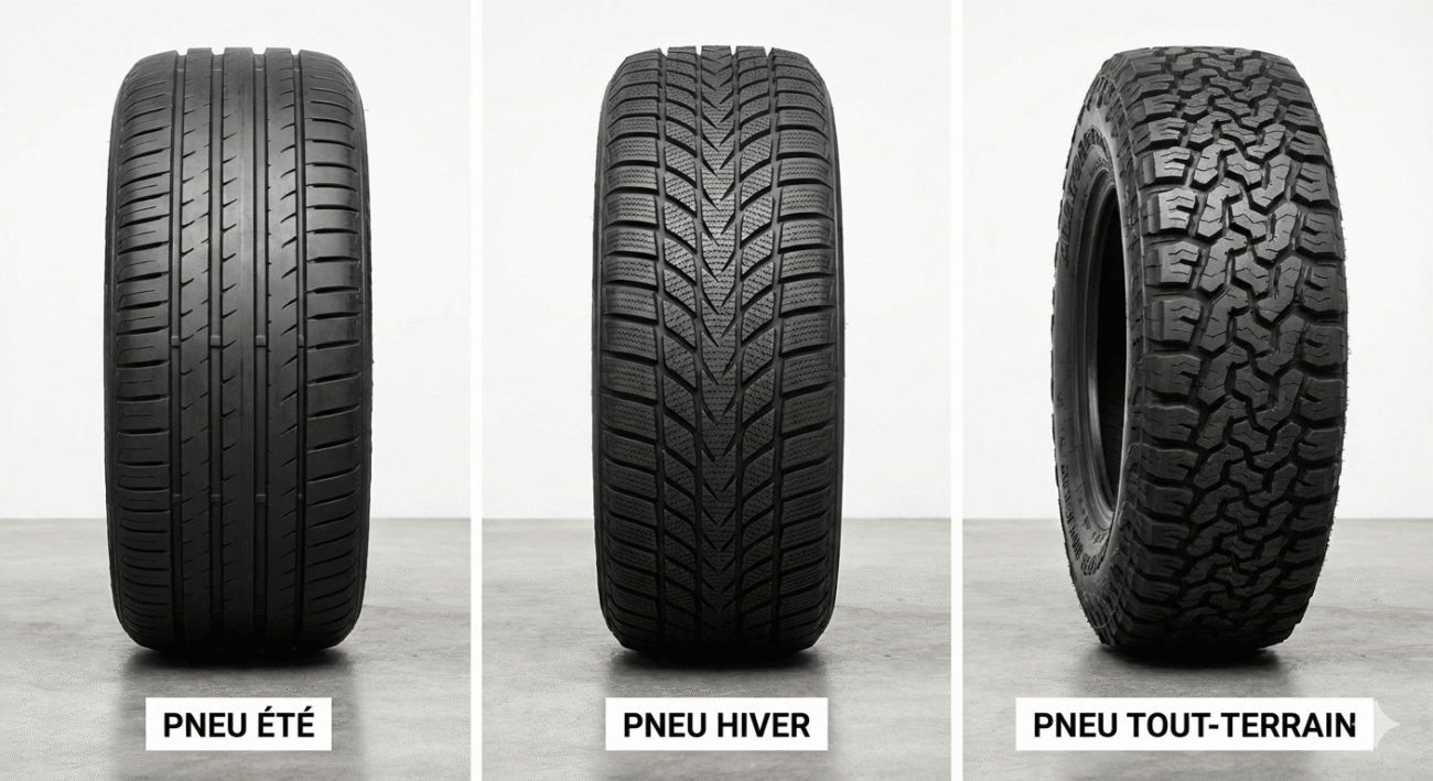 Comparaison de trois types de pneumatiques : pneu été, pneu hiver et pneu tout-terrain avec focus sur les sculptures de la gomme.