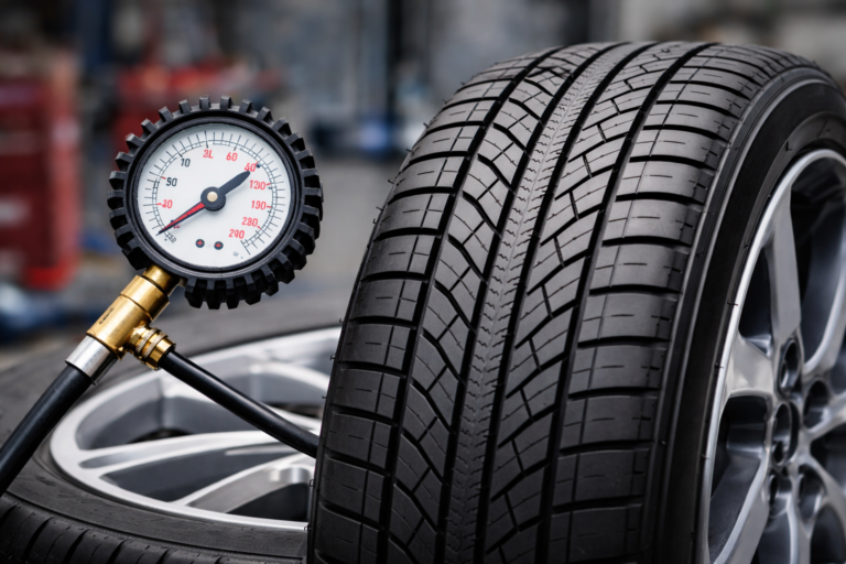 Mesure de la pression de pneu avec un manomètre sur un pneumatique de voiture