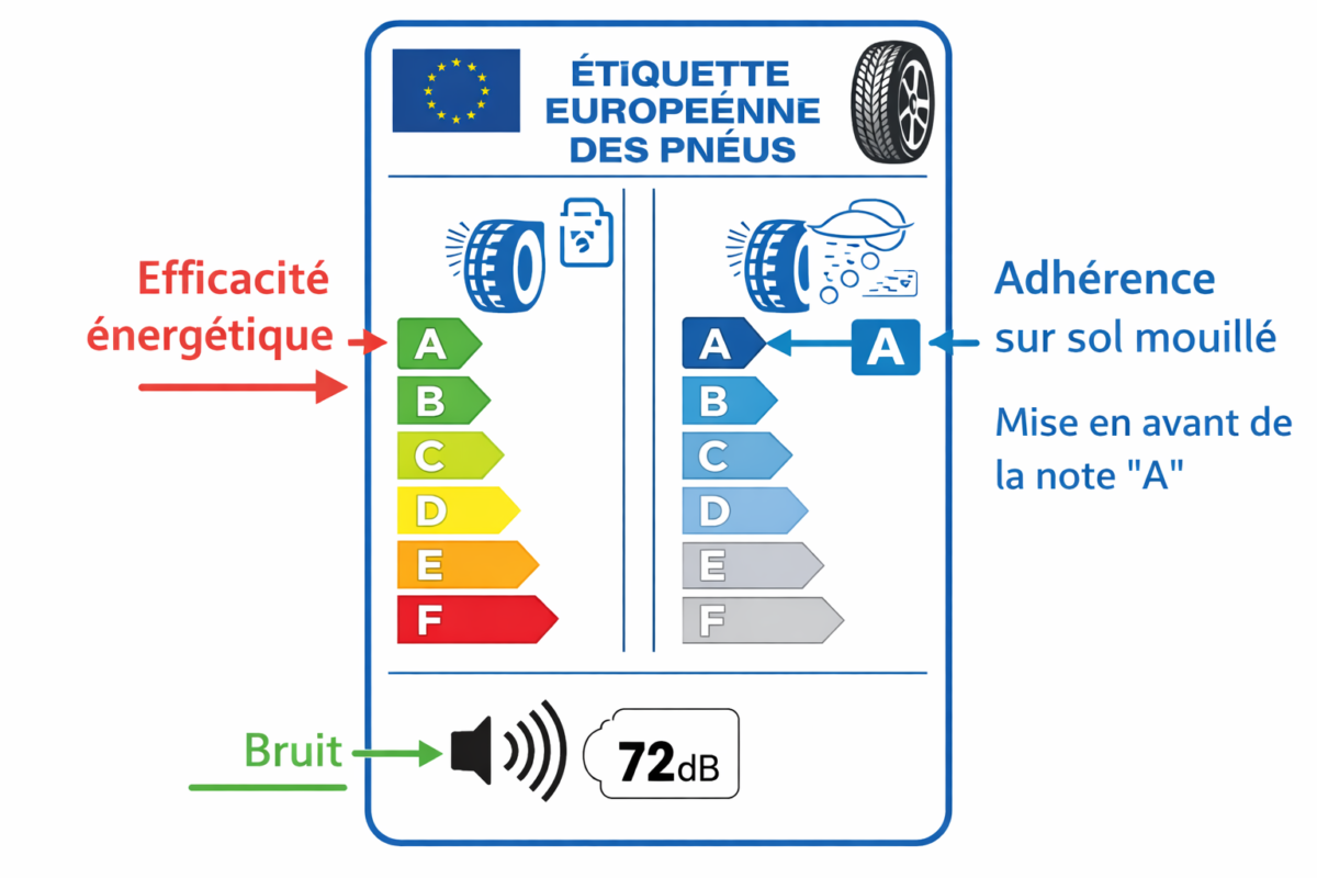 Guide de l'étiquette européenne des pneus pour comparer les premium pneus et les pneus pas cher selon l'efficacité énergétique, l'adhérence et le bruit.