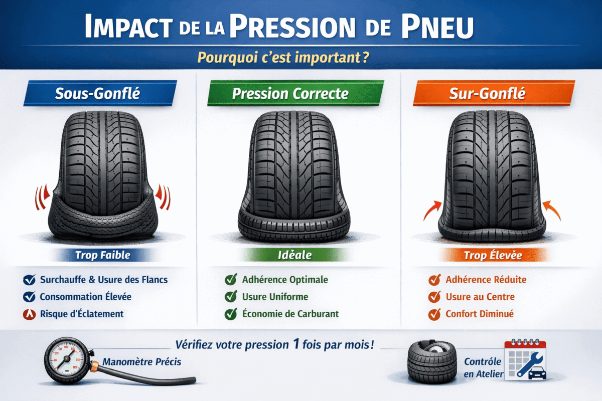 Infographie pédagogique expliquant l'impact de la pression des pneumatiques : conséquences du sous-gonflage, avantages de la pression idéale et risques du sur-gonflage.