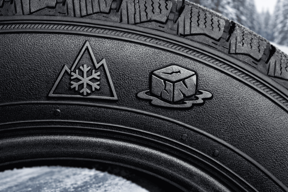Gros plan sur les symboles de certification hivernale 3PMSF (montagne et flocon) et glace sur le flanc d'un premium pneu pour garantir la sécurité en hiver.